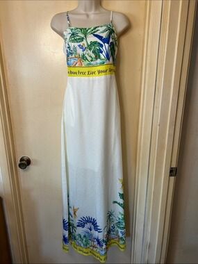 Vici Lucci Tropical-Print Maxi Dress with Graphic Yellow Waistband size S